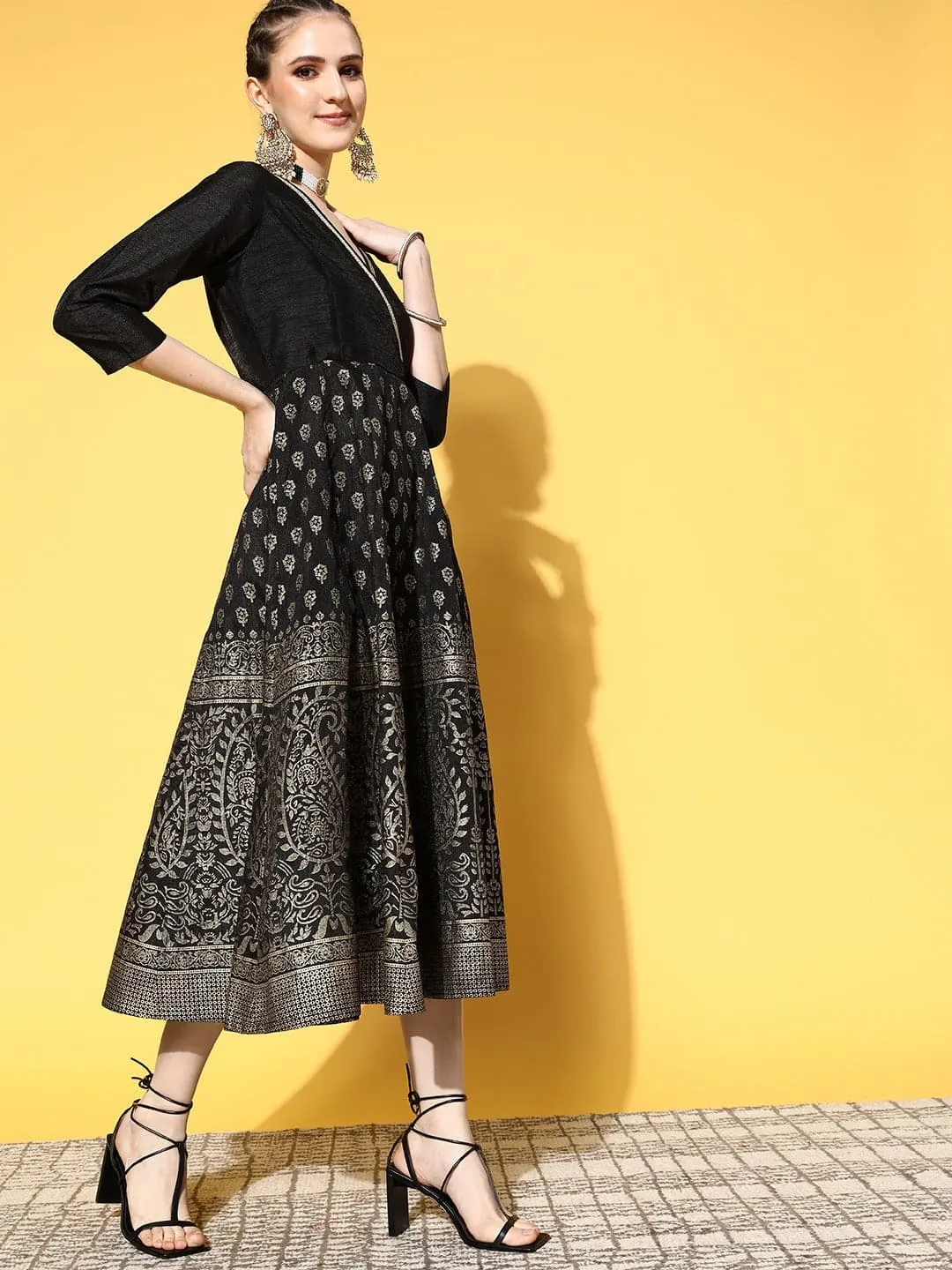 Women Black Paisley Foil Print Wrap Anarkali Dress