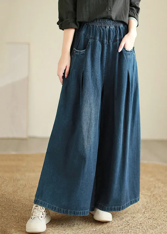 Women Denim Blue Pockets Elastic Waist Flare Pants Fall QE078