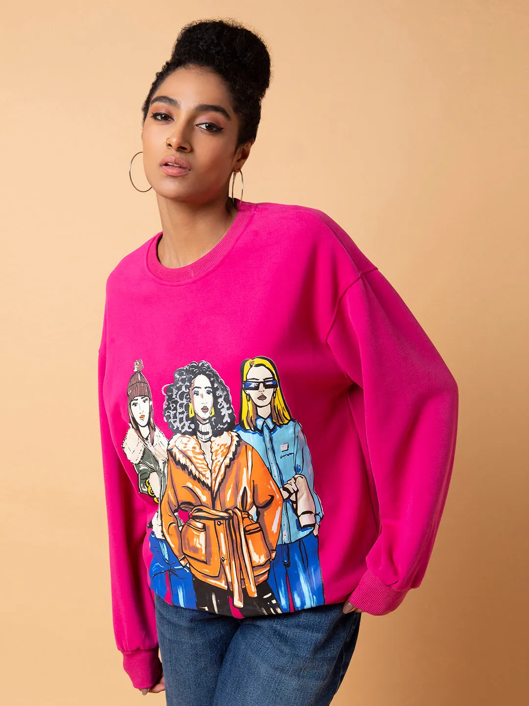 Women Graphic Pink Oversized Pullover