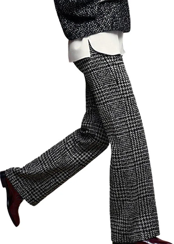 Women Grey High Waist Plaid Thick Woolen Straight Pants Winter