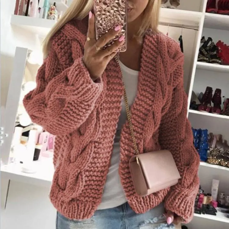 Women hooded knitted long sleeve chunky short cardigan