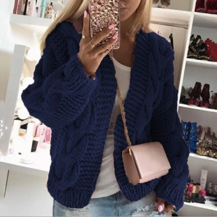 Women hooded knitted long sleeve chunky short cardigan