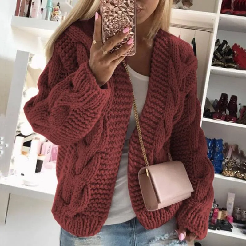 Women hooded knitted long sleeve chunky short cardigan