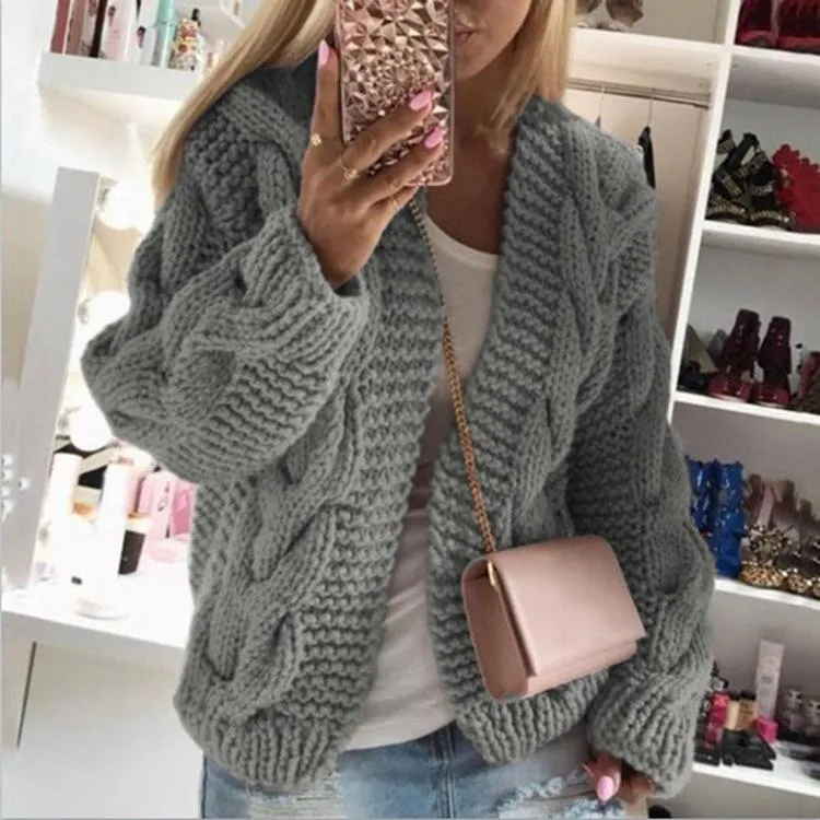 Women hooded knitted long sleeve chunky short cardigan