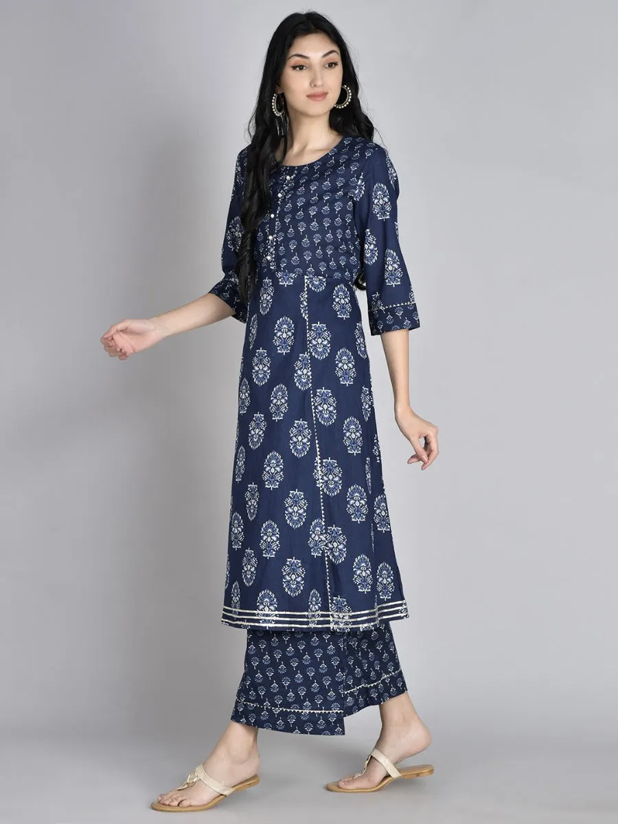 Women Indigo Floral Printed Kurta Palazzo Dupatta