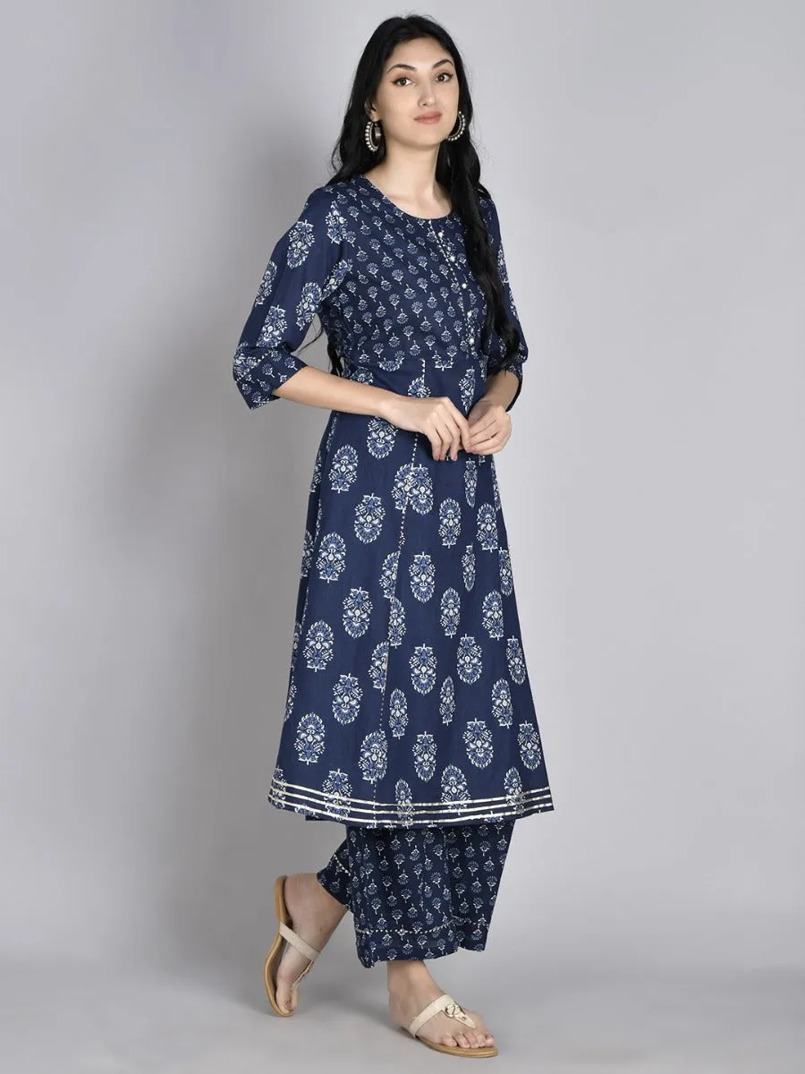 Women Indigo Floral Printed Kurta Palazzo Dupatta