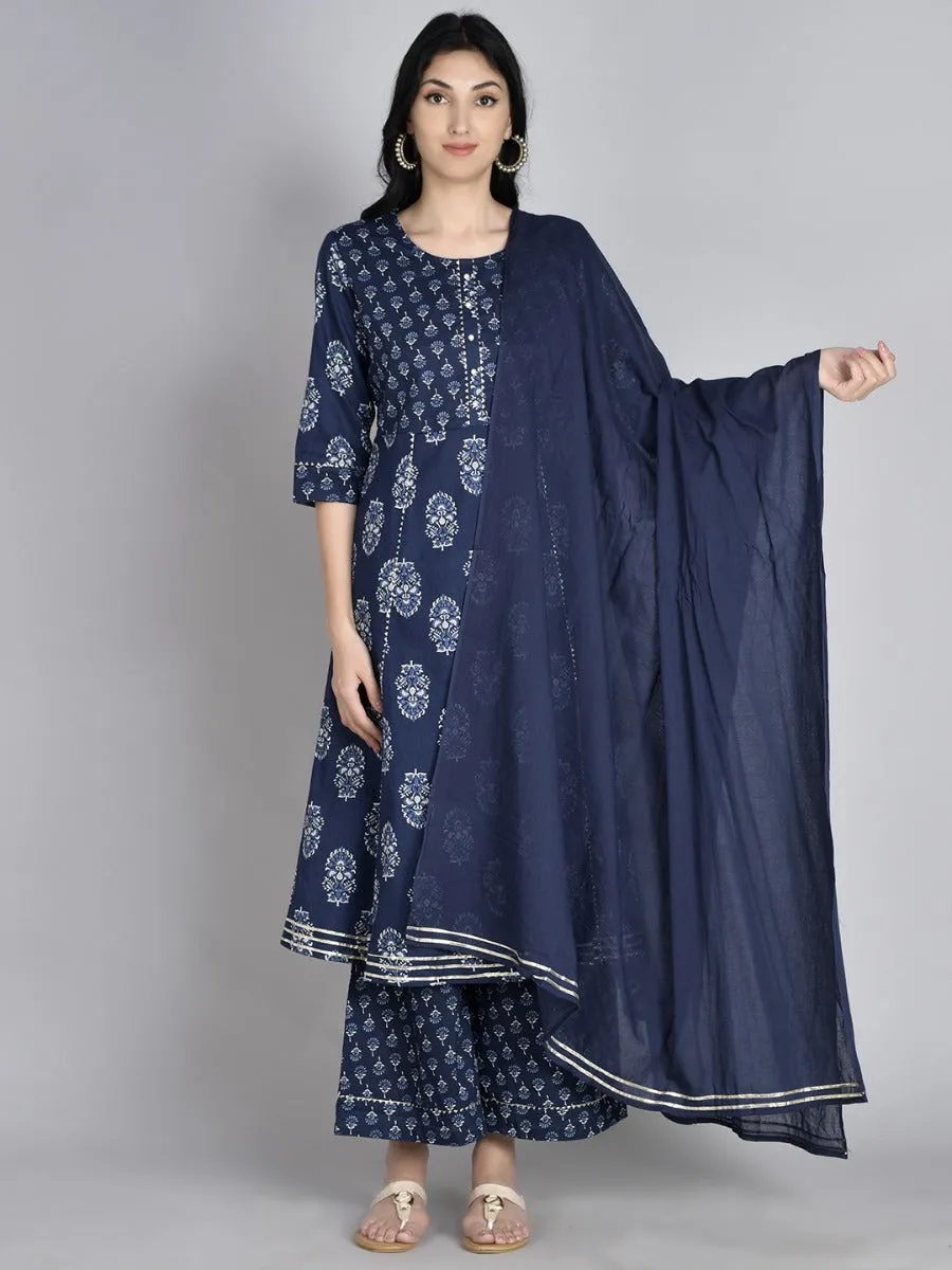 Women Indigo Floral Printed Kurta Palazzo Dupatta