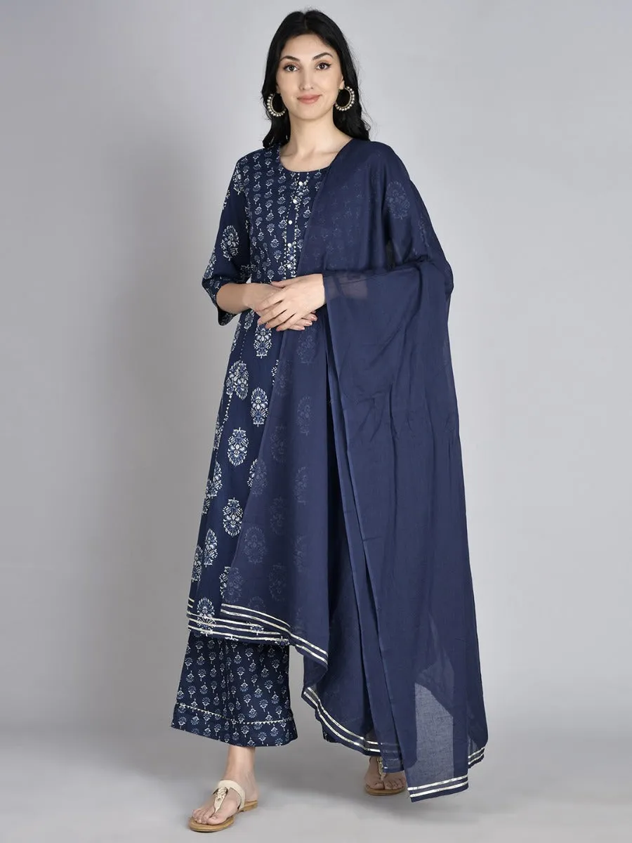 Women Indigo Floral Printed Kurta Palazzo Dupatta