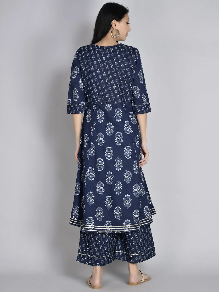 Women Indigo Floral Printed Kurta Palazzo Dupatta