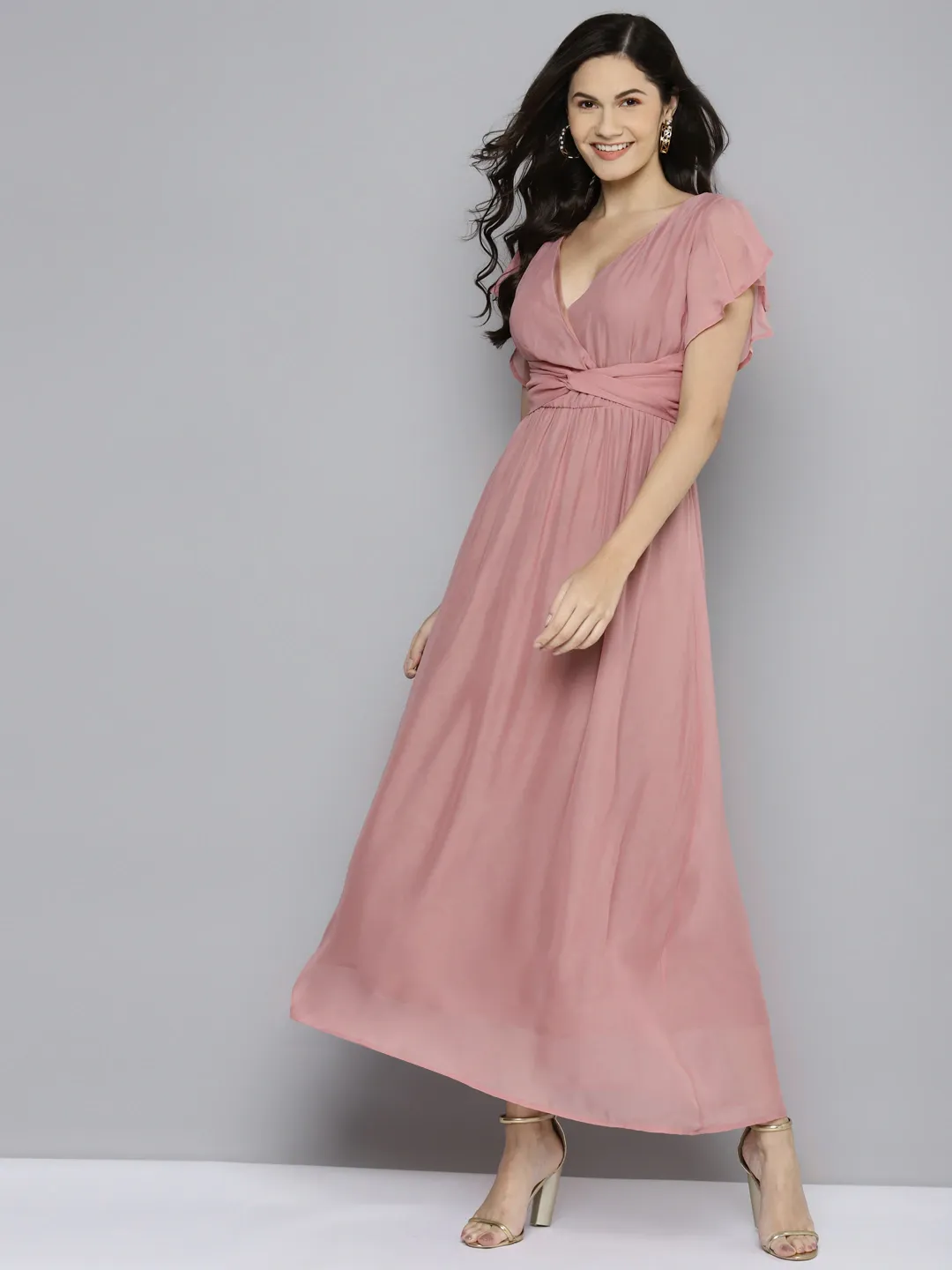 Women Onion Pink Wrap Belted Maxi Dress