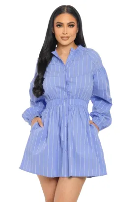 Women's Blue Striped Mini Dress with Pockets