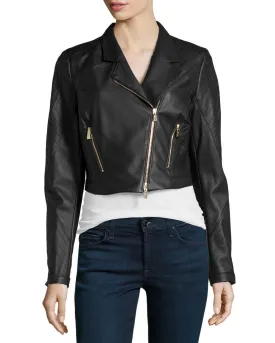 Women's Cropped Black Leather Jacket WJ051