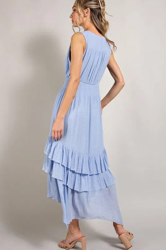 Womens Sage Dress Chambray V Neck Ruffle Maxi Dress