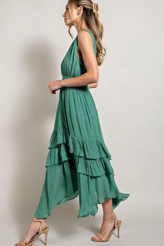 Womens Sage Dress Chambray V Neck Ruffle Maxi Dress