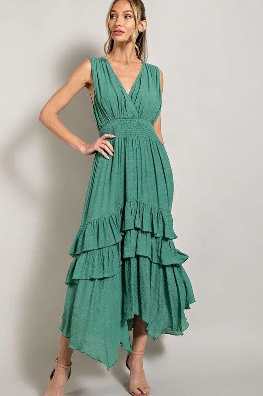 Womens Sage Dress Chambray V Neck Ruffle Maxi Dress