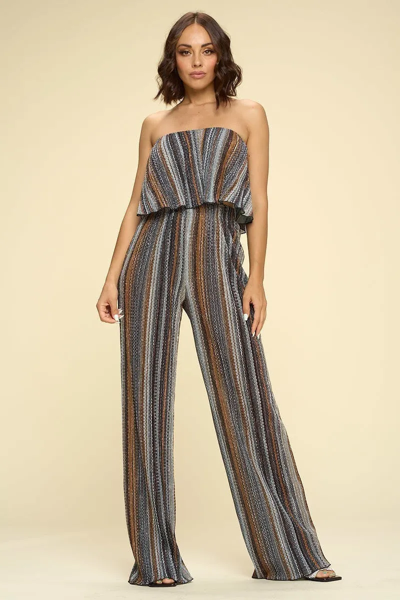 WOMEN'S TWO PIECE SET FLOWY STRAPLESS CROP TOP, HIGH WAIST PALAZZO PANTS