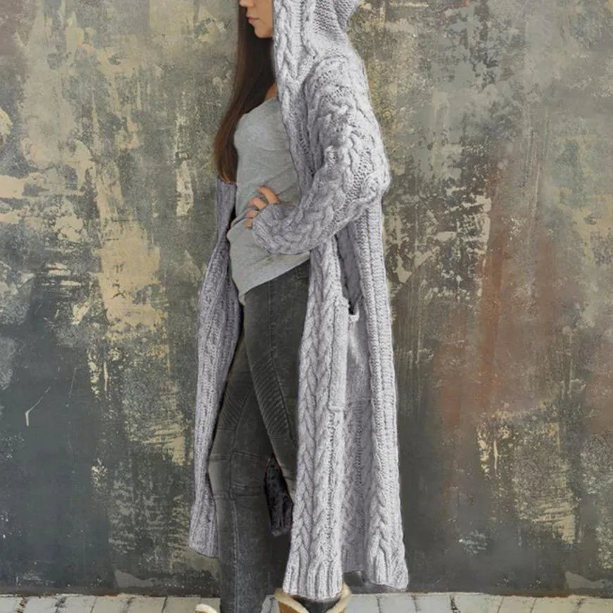 Womens's cable knit hooded long cardigan sweater open front chunky cardigan for winter