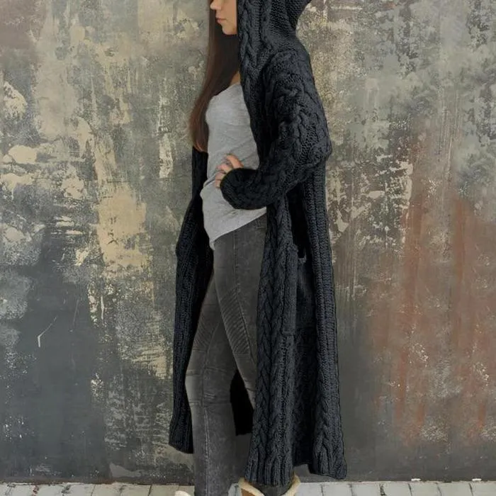 Womens's cable knit hooded long cardigan sweater open front chunky cardigan for winter