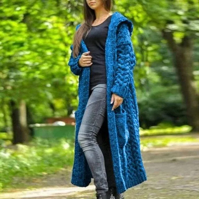 Womens's cable knit hooded long cardigan sweater open front chunky cardigan for winter